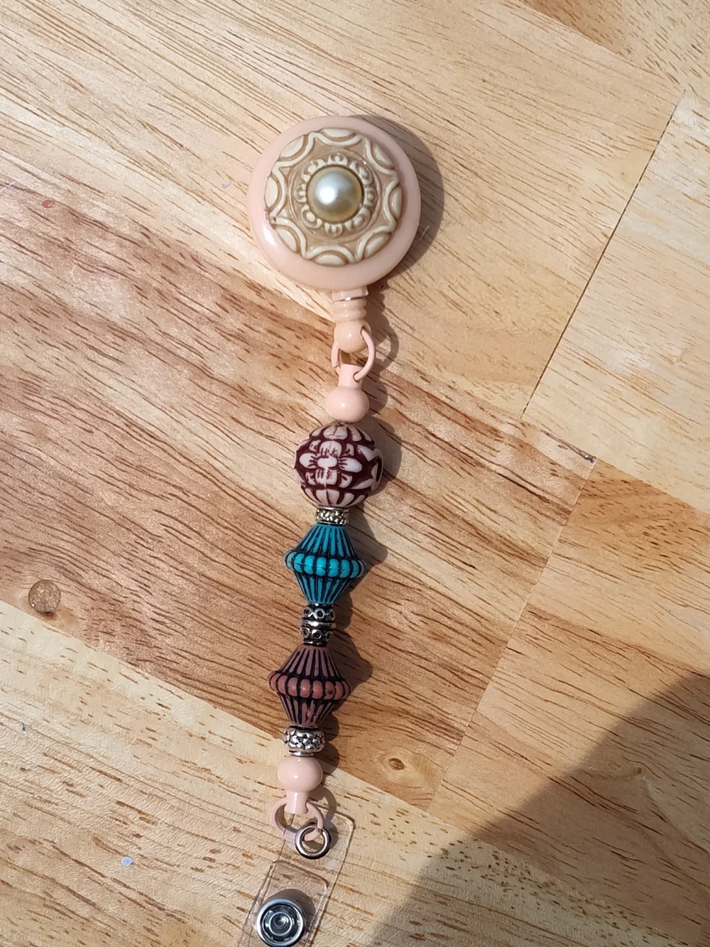 Southwestern Style Beaded Retractable Badge Reel in Peach, Turquoise & Brown